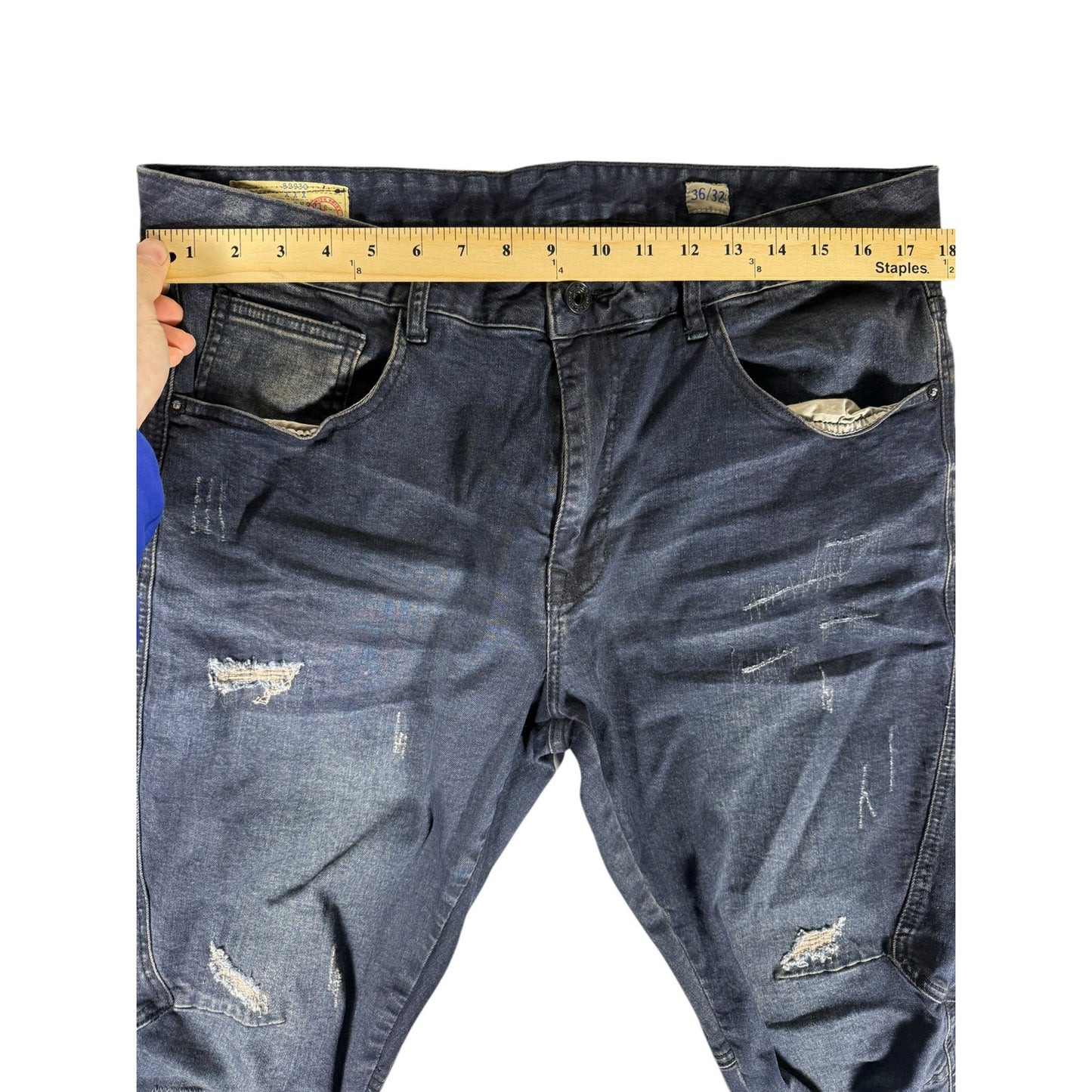 Smoke Rise Denim Jeans Men Slim Tapered 36x32 Dark Distressed Jeans