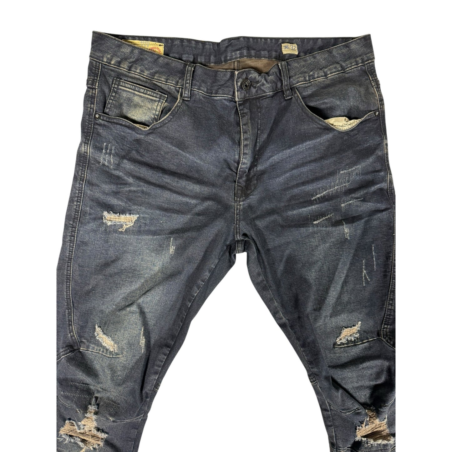 Smoke Rise Denim Jeans Men Slim Tapered 36x32 Dark Distressed Jeans