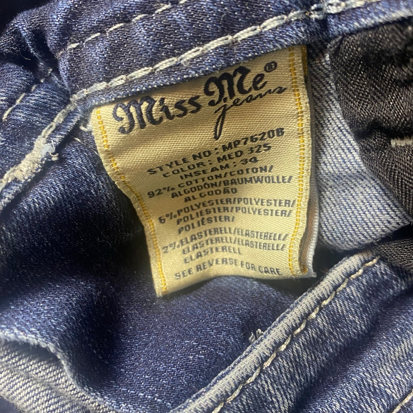 Women's Miss Me Mid Rise Boot Cut Jeans Size 30 with flaps silver detailing