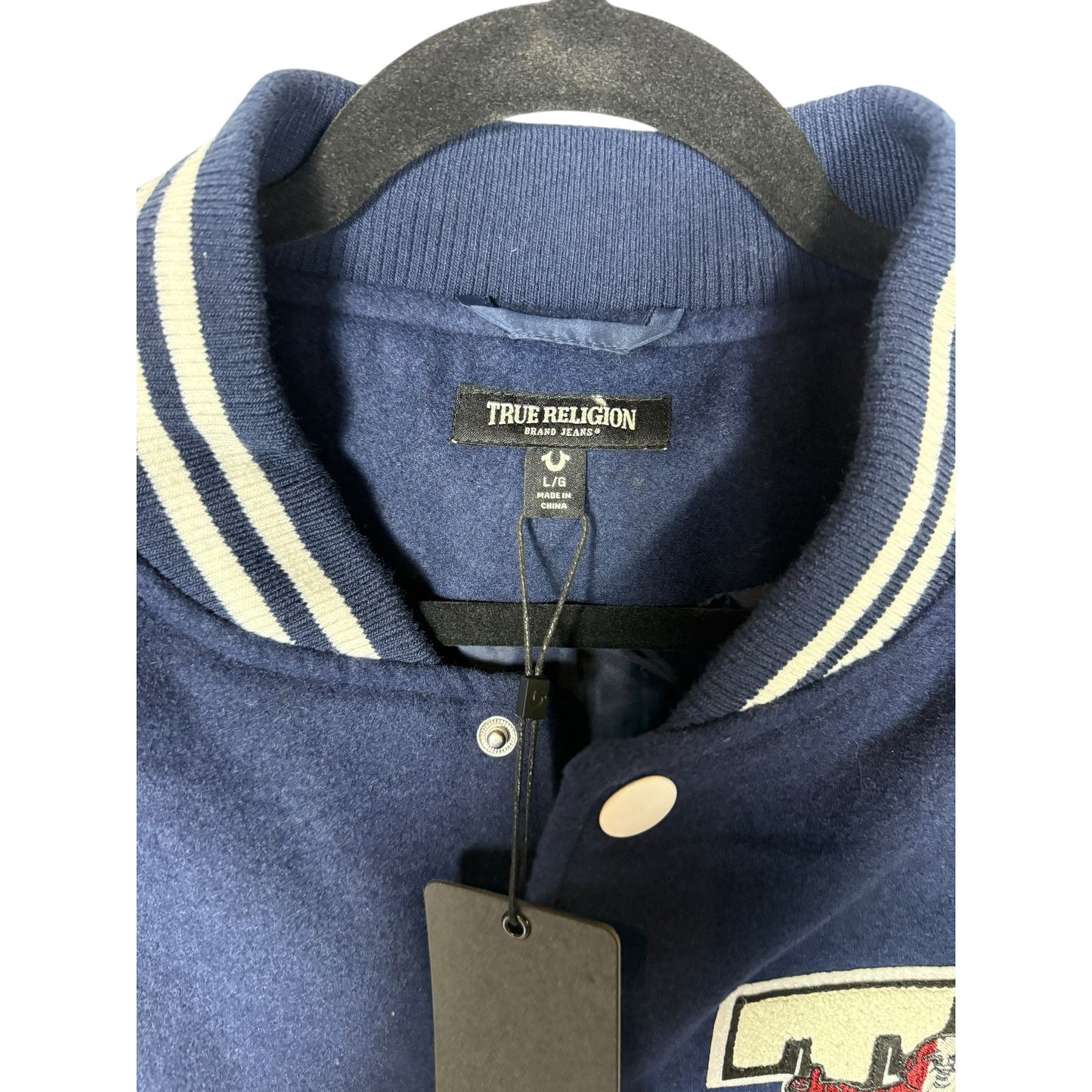 NWT Men's True Religion Blue Snap Up Varsity Letterman Jacket Size Large