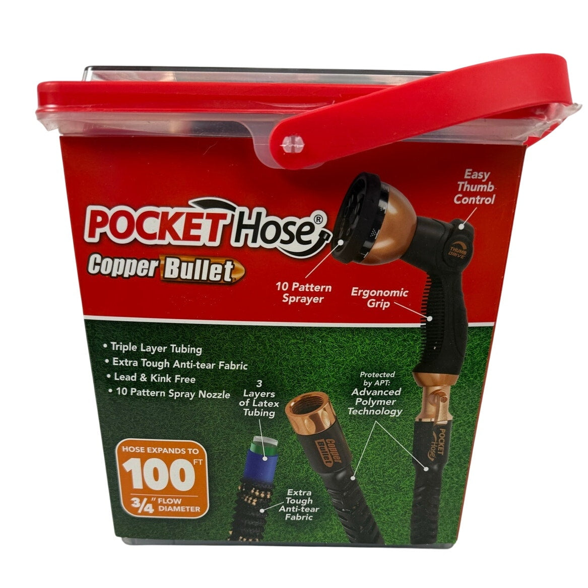 New in Box Pocket Hose Copper Bullet 100FT Expandable Garden Hose w/ Sprayer