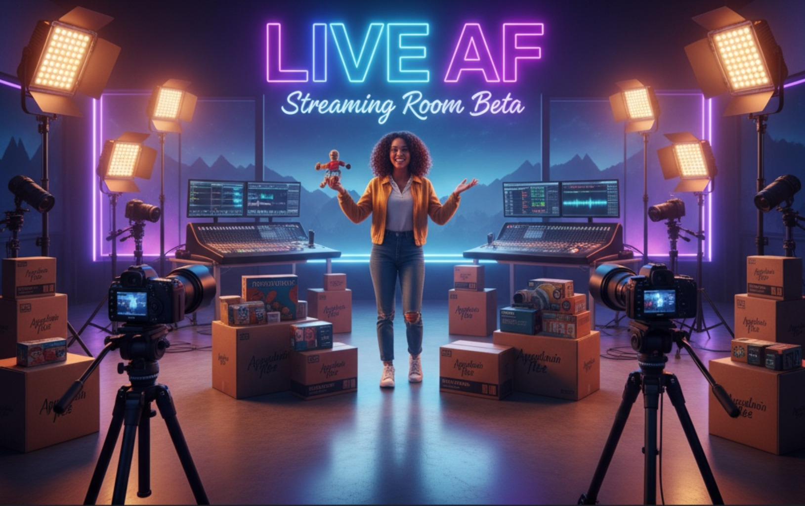 Banner of a streamer selling live in the LIVE AF studio at Appalachian Flea