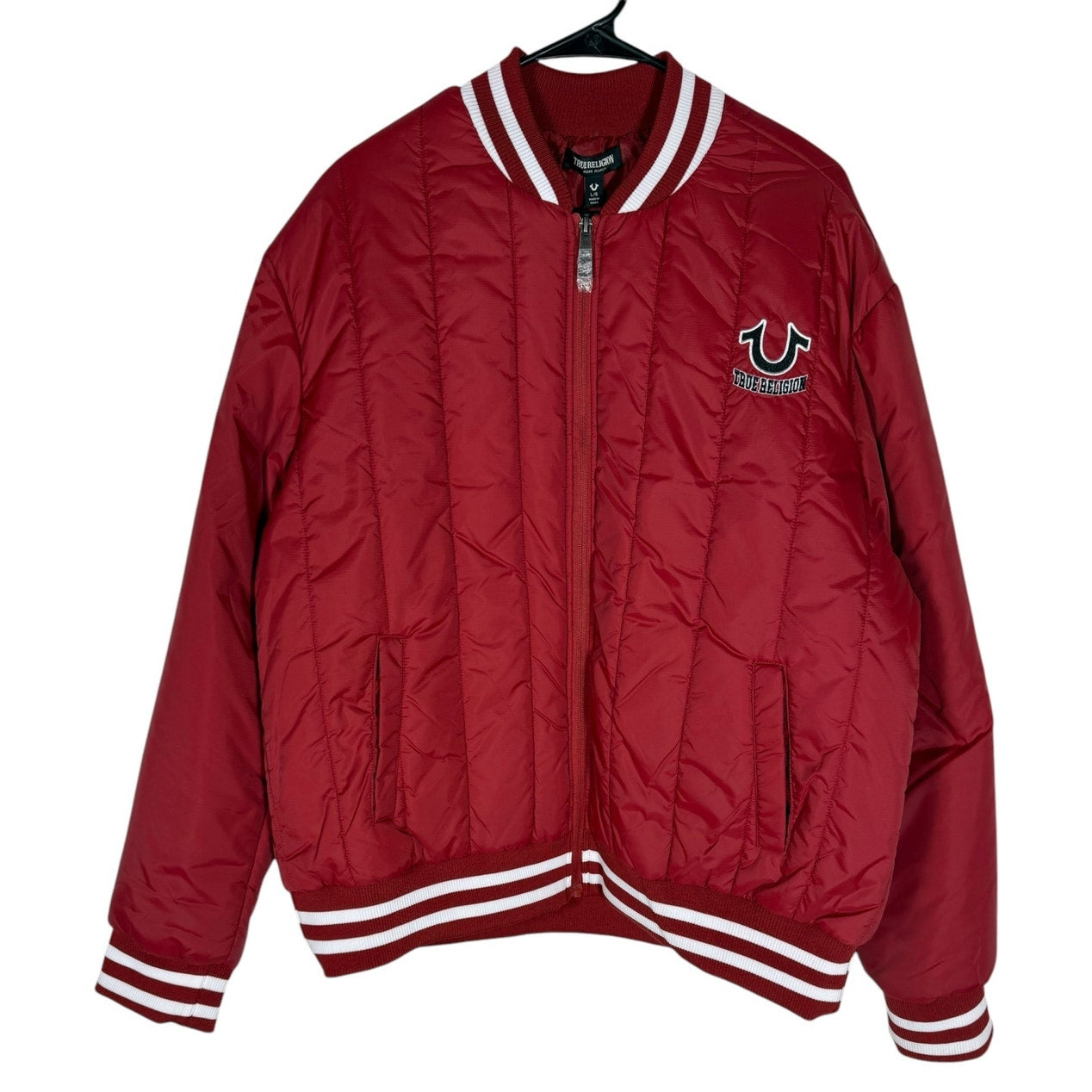 NWT Men's True Religion Red Dahlia Vertical Quilted Full Zip Jacket Size Large