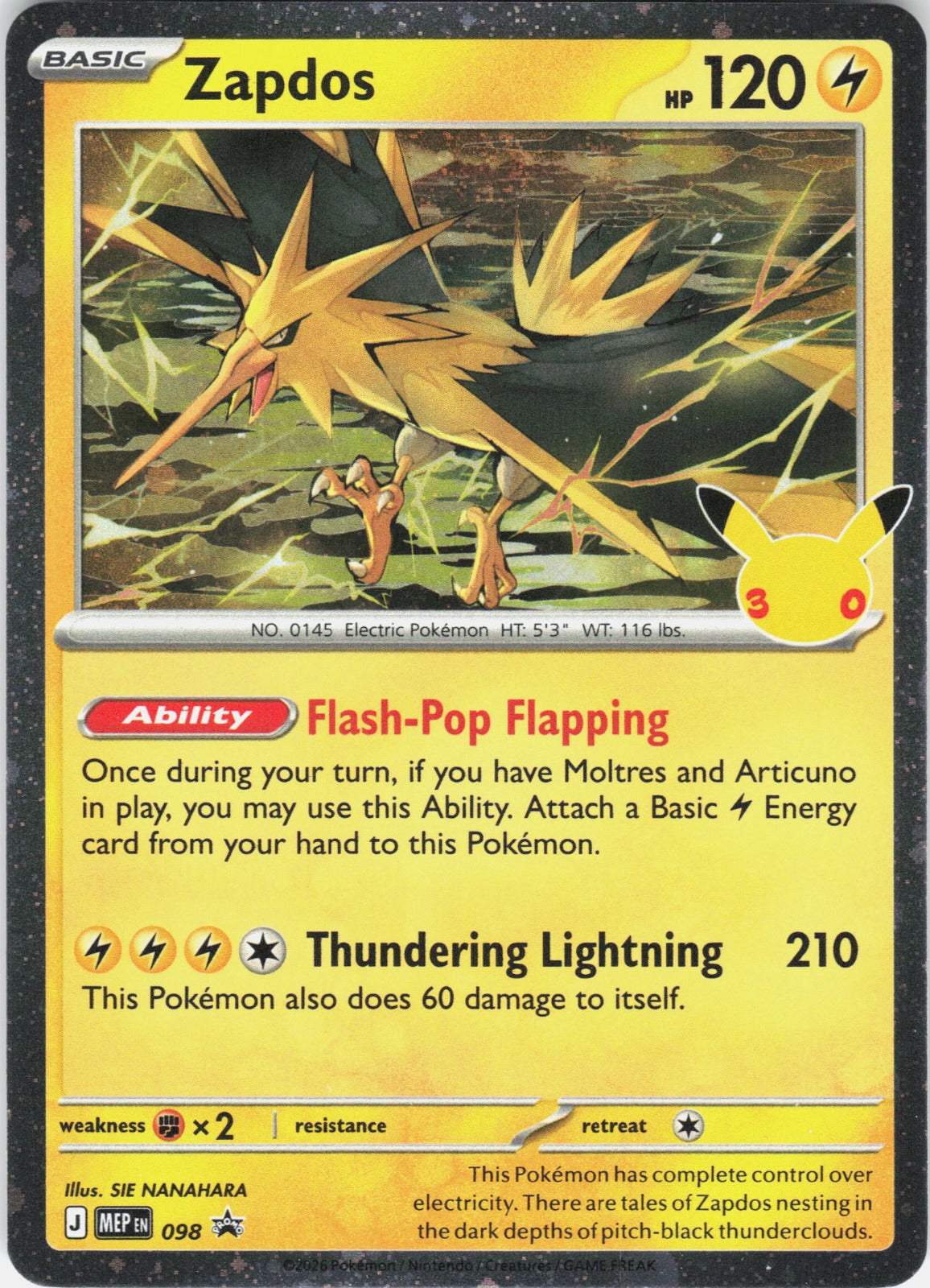 Zapdos (30th Celebration) Holo Promo ME: Mega Evolution Promo 098 NM