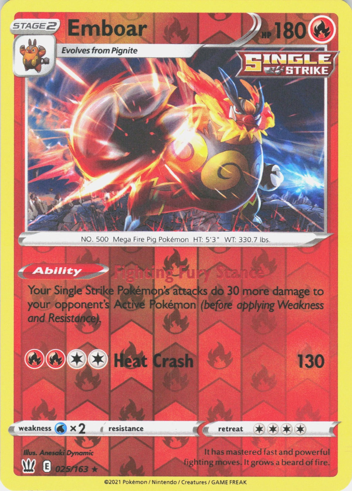 Emboar Reverse Holo Holo Rare SWSH05: Battle Styles 025/163 NM