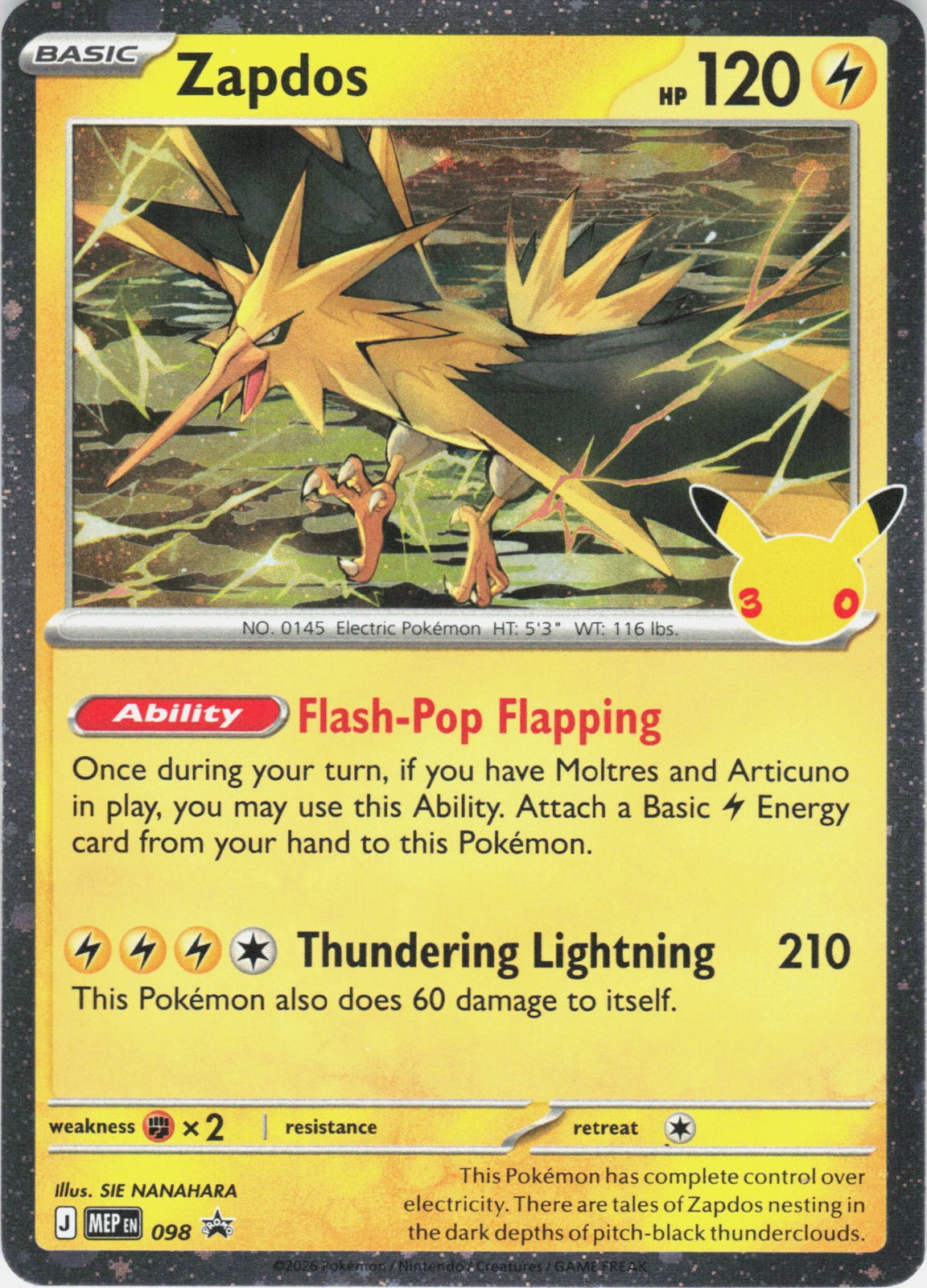 Zapdos (30th Celebration) Holo Promo ME: Mega Evolution Promo 098 NM