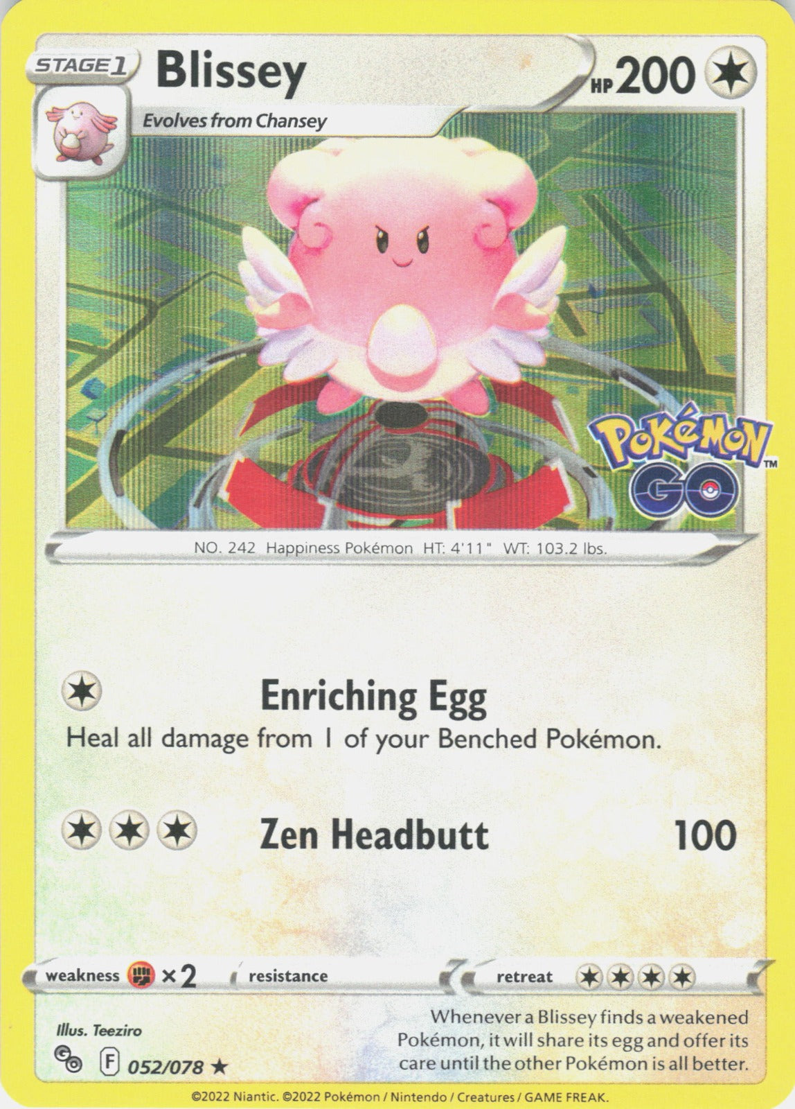 Blissey Reverse Holo Holo Rare Pokemon GO 052/078 NM