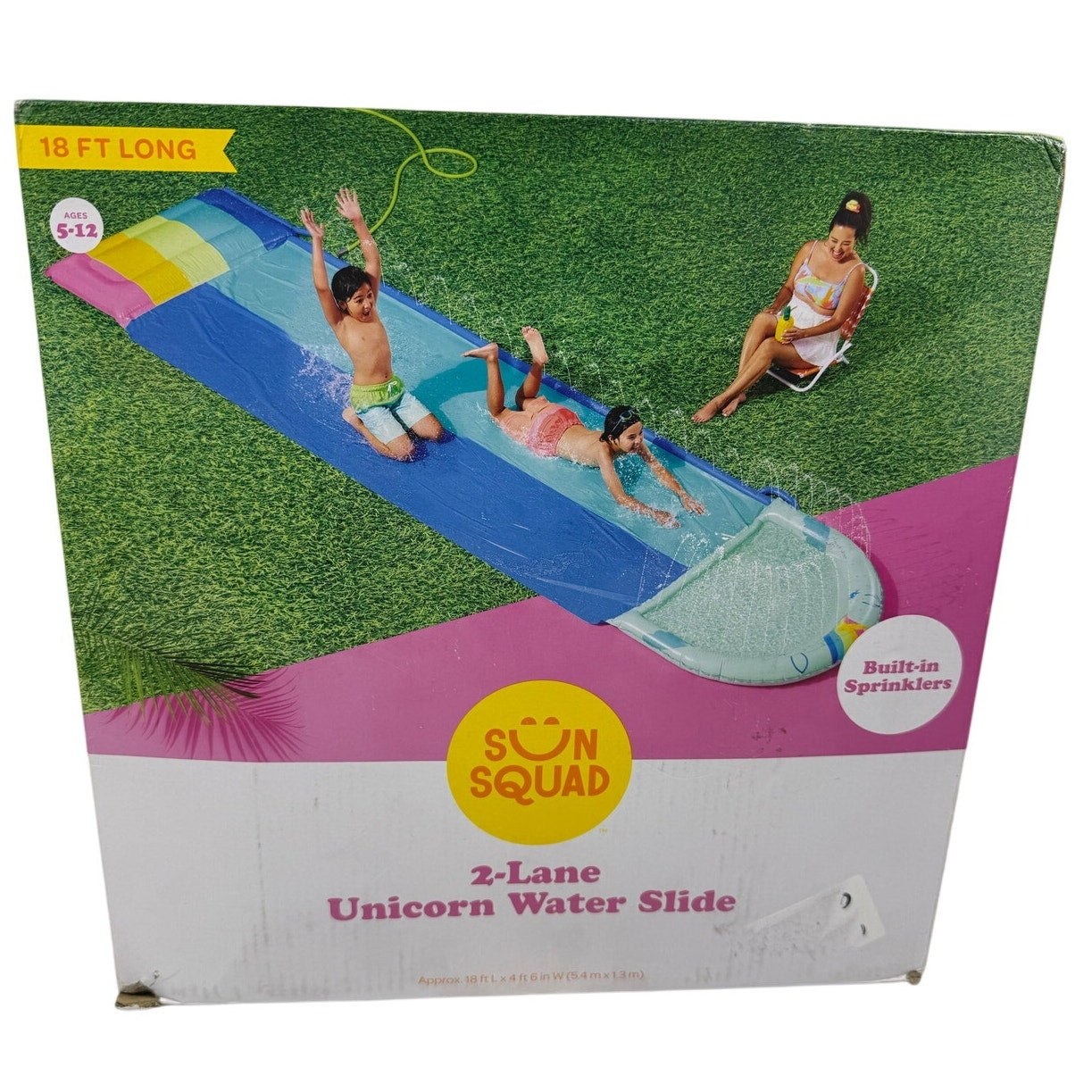 Sun Squad 2-Lane Unicorn Water Slide Built-in Sprinklers 18 FT (New in Box)