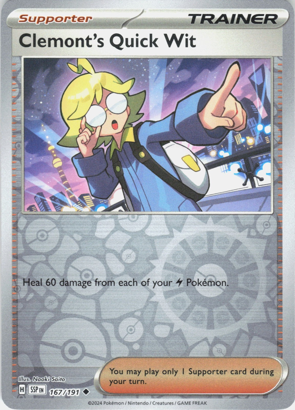 Clemont's Quick Wit Reverse Holo Uncommon SV08: Surging Sparks 167/191 NM