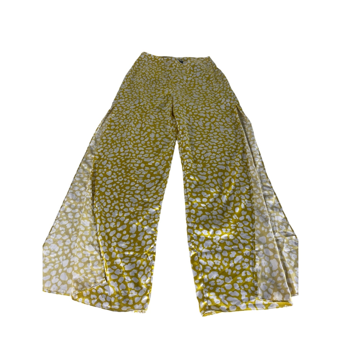 Lulu’s Yellow Animal Print Satin Wide-Leg Side Slit Pants Size Small