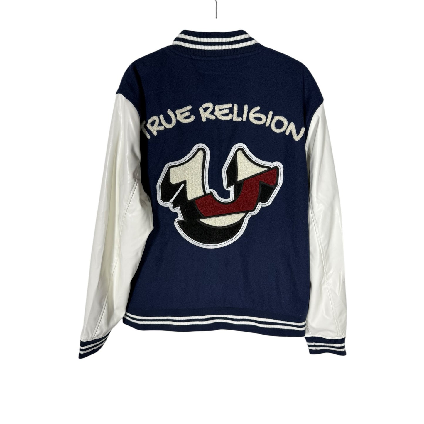 NWT Men's True Religion Blue Snap Up Varsity Letterman Jacket Size Large