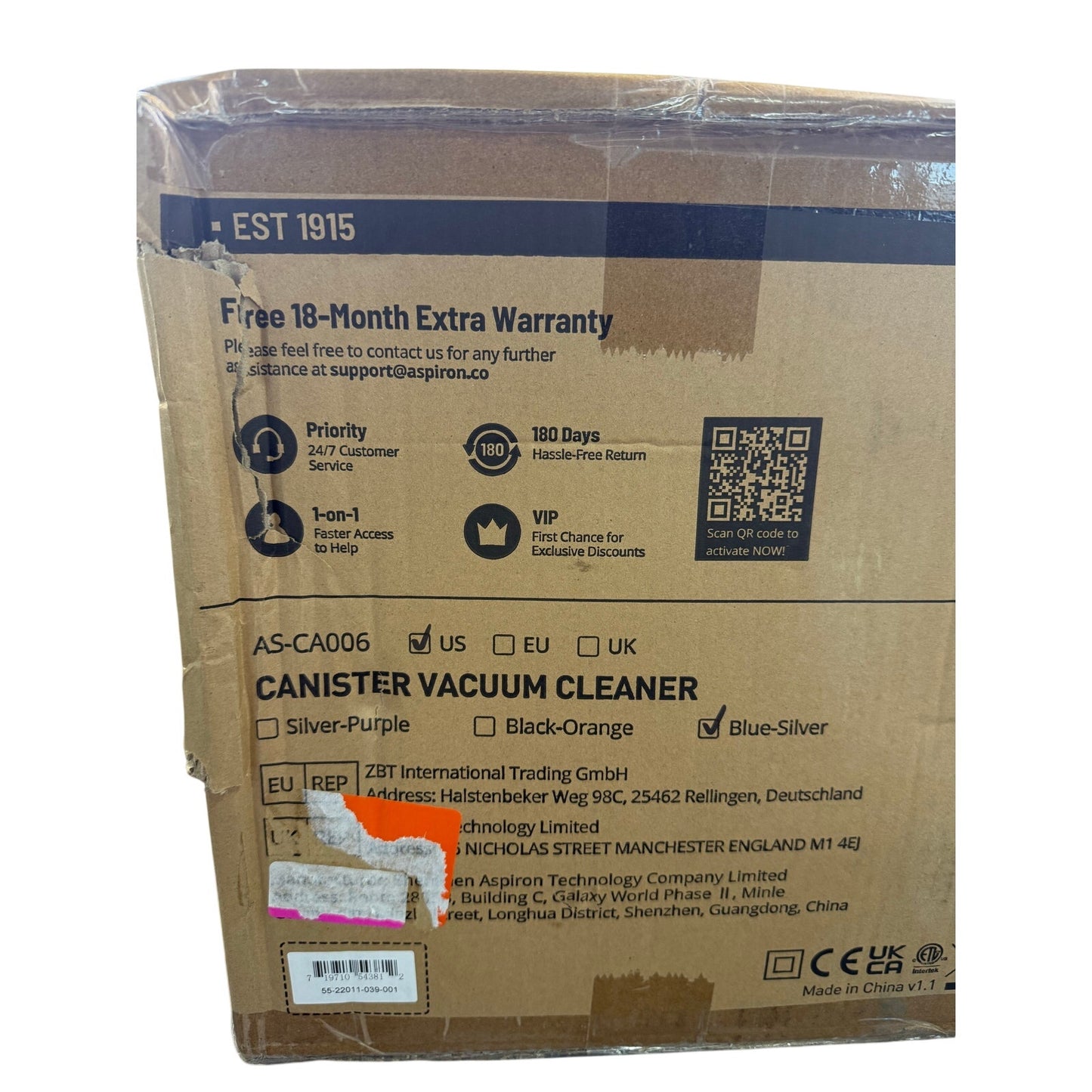 NIB Aspiron 1200W Bagless Vacuum Cleaner CA006, 3.7QT Capacity Blue and Silver