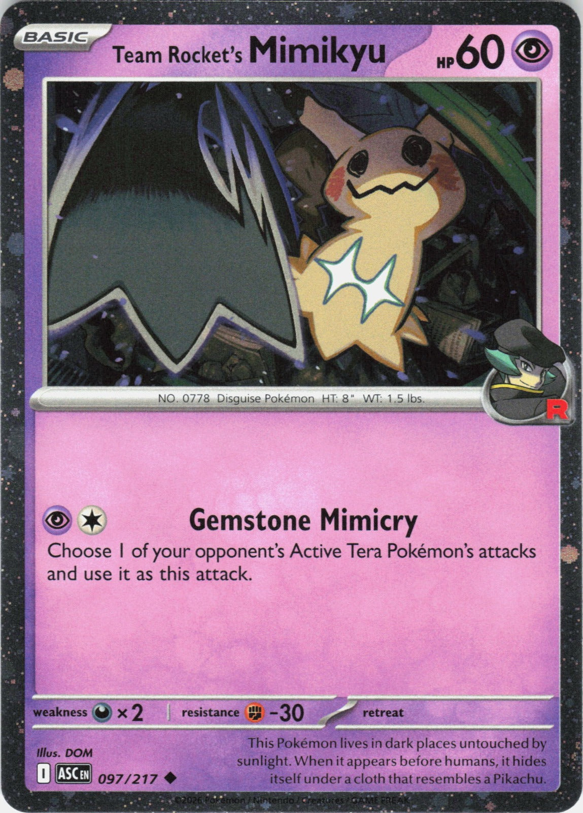 Team Rocket's Mimikyu (Cosmos Holo) Holo Uncommon Blister Exclusives 097/217 NM