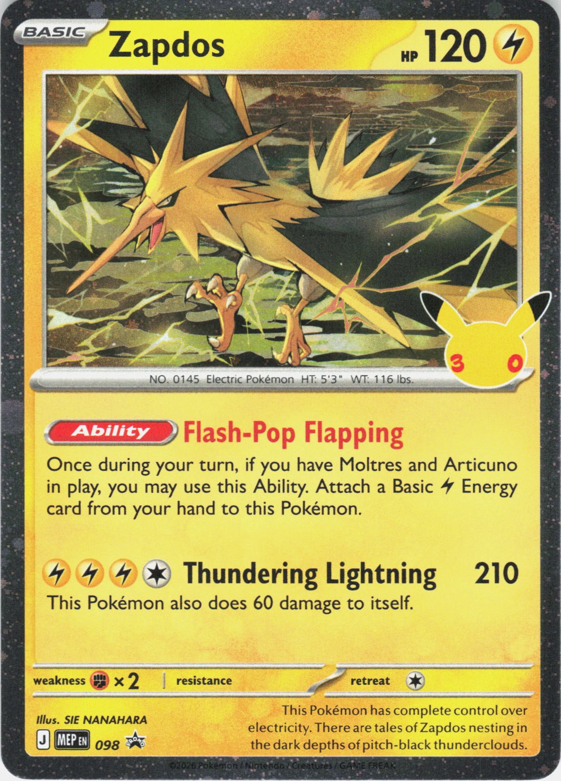 Zapdos (30th Celebration) Holo Promo ME: Mega Evolution Promo 098 NM