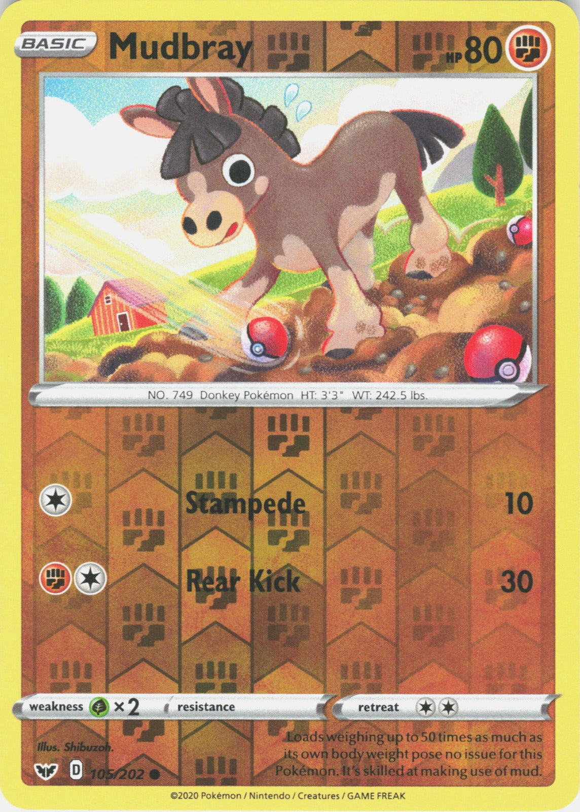 Mudbray Reverse Holo Common SWSH01: Sword & Shield Base Set 105/202 NM