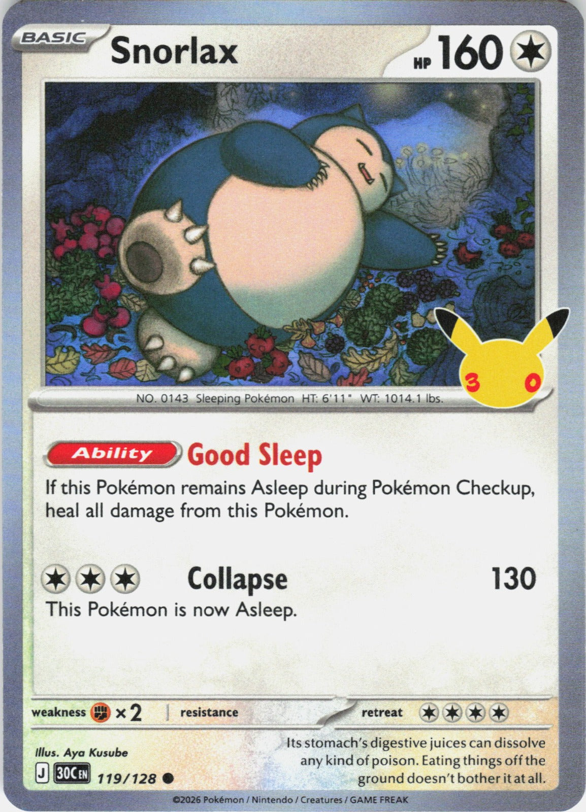 Snorlax Holo Common ME: 30th Celebration 119/128 NM