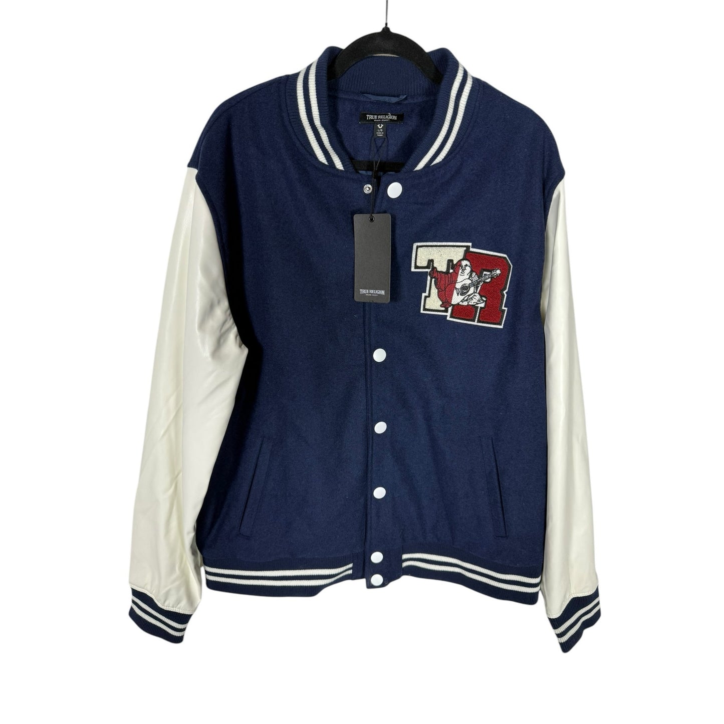 NWT Men's True Religion Blue Snap Up Varsity Letterman Jacket Size Large