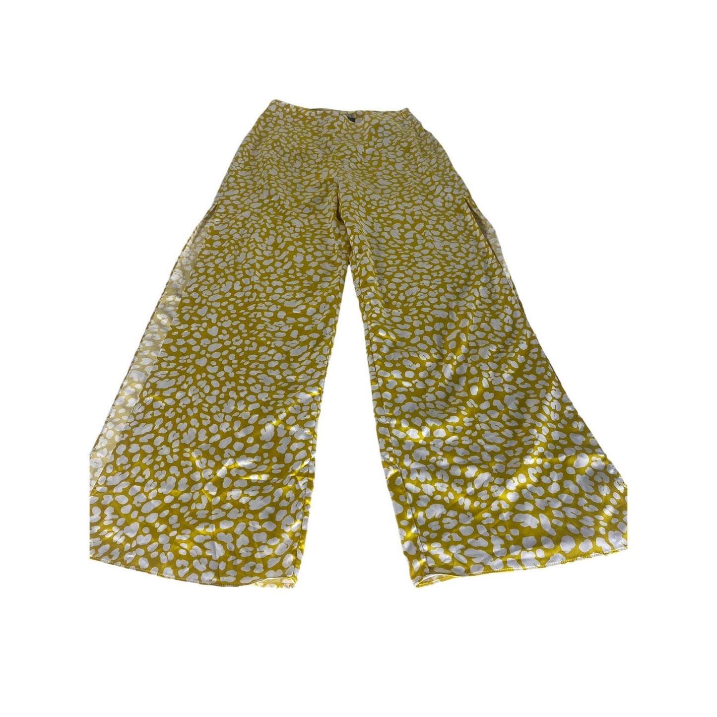 Lulu’s Yellow Animal Print Satin Wide-Leg Side Slit Pants Size Small