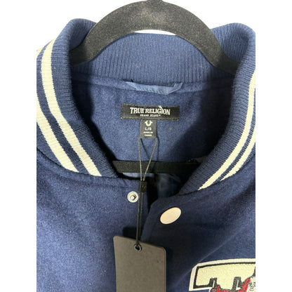 NWT Men's True Religion Blue Snap Up Varsity Letterman Jacket Size Large