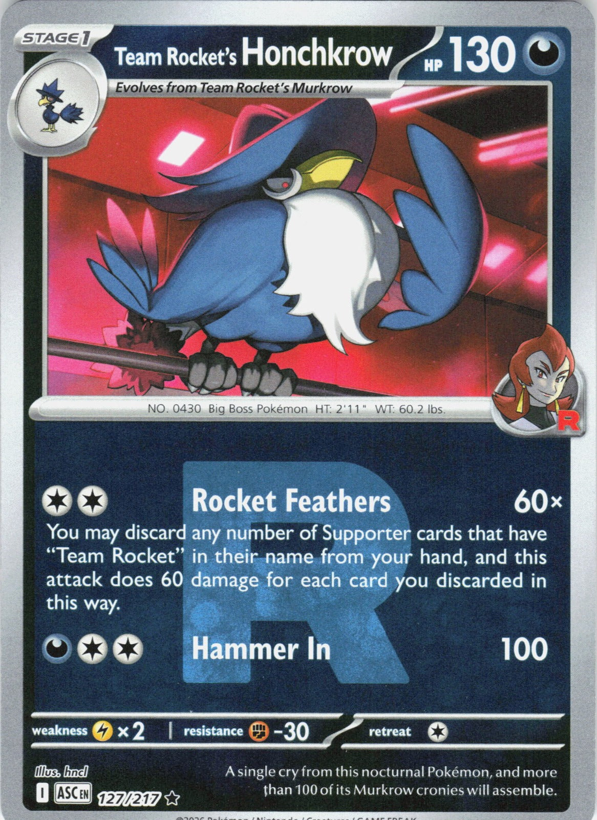 Team Rocket's Honchkrow (Team Rocket) Reverse Holo Rare ME: Asc Heroe 127/217 NM