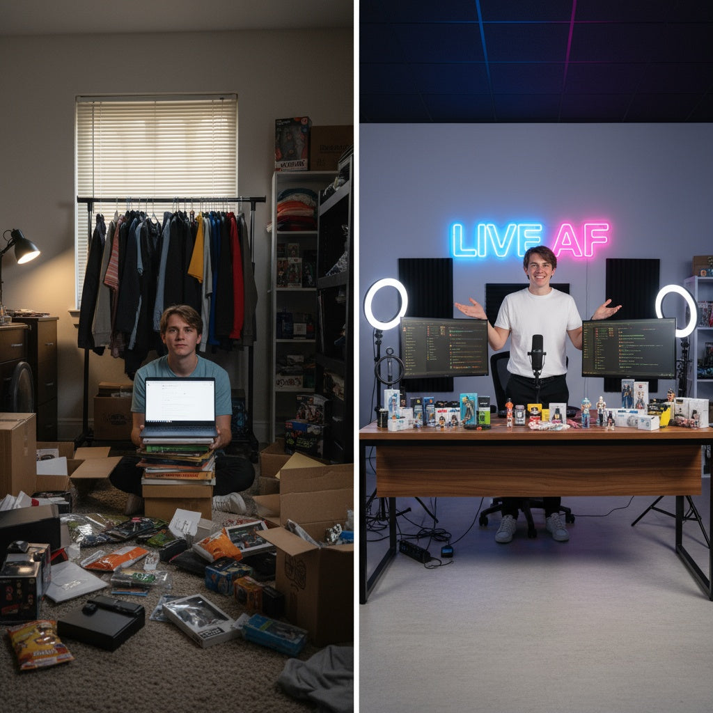 Before and after: a new reseller with no space at home, then selling confidently in the LIVE AF studio