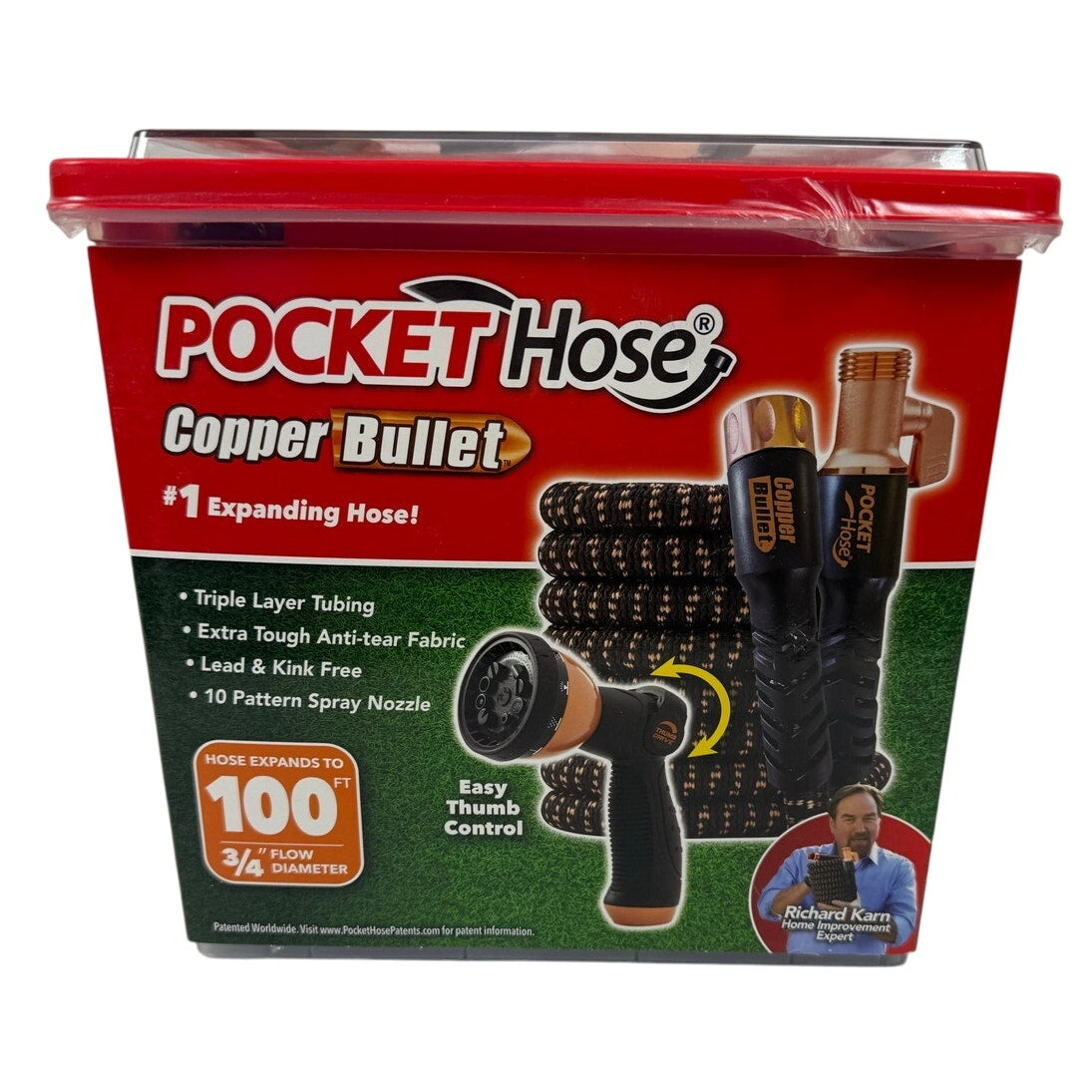 New in Box Pocket Hose Copper Bullet 100FT Expandable Garden Hose w/ Sprayer